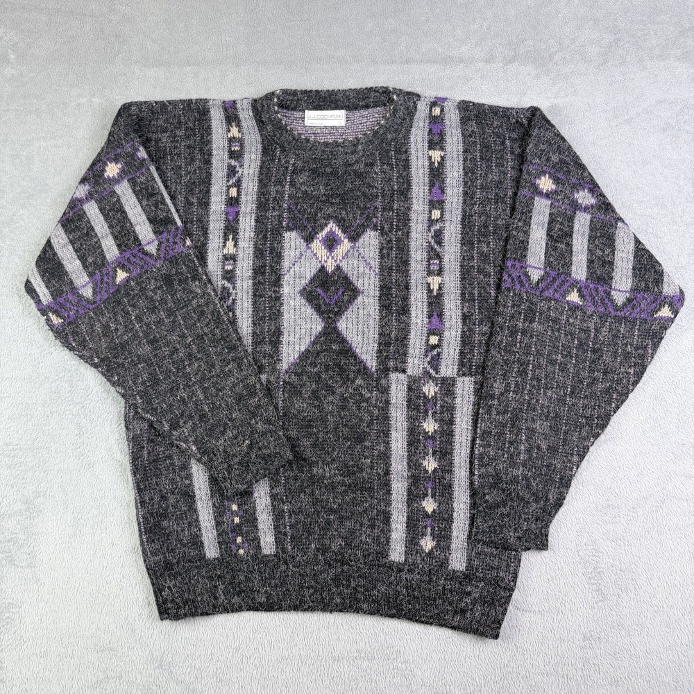Vintage J.J. Cochran Mens XL Geometric Southwestern Knit Sweater Grey Purple USA